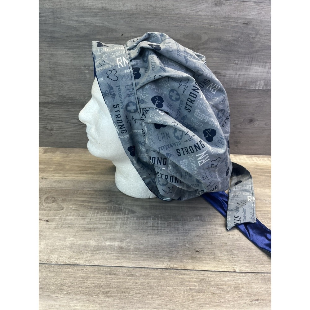Bouffant Surgical Scrub Caps Large Blue RN Strong Satin Silk Lined Tie Back